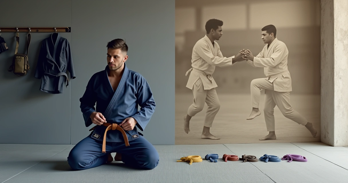 Montagem com lutador moderno de jiu-jitsu e foto antiga em clima tático