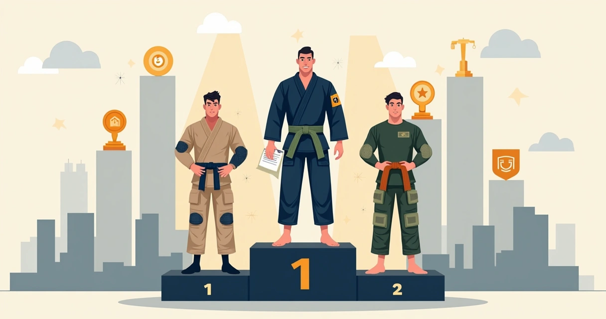 Atletas militares de jiu-jitsu em pódio com visual tático minimalista