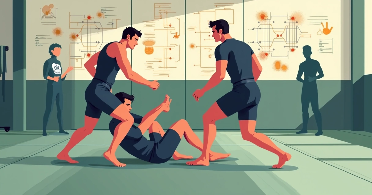 Ilustração de lutadores de no-gi treinando em tatame com visão tática ao fundo